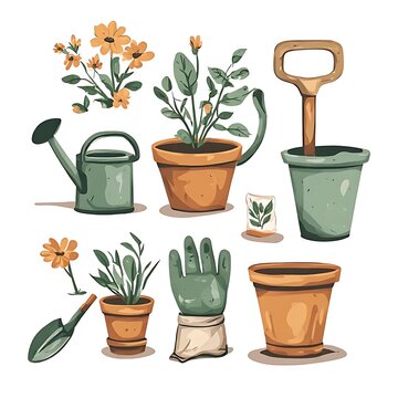 set of flowers in pots