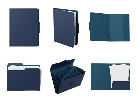 Collection of blue office folders, document organizers, and paper storage sleeves in various orientations isolated on a transparent background