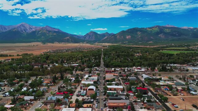Downtown Buena Vista Summer Fall sunny morning blue sky drone aerial Colorado Collegiate Peaks Mount Princeton Yale Antero fourteener peaks Cottonwood Pass Main Street Rocky Mountains backwards up
