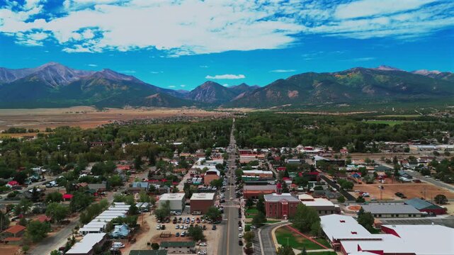 Downtown Buena Vista cars businesses Summer Fall sunny morning blue sky drone aerial Colorado Collegiate Peaks Mount Princeton Yale Antero fourteener peaks Cottonwood Pass Main Street Rocky Mountains