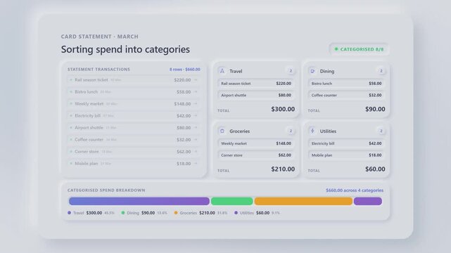 Financial statement analysis sorting spending into categories with spending breakdown and totals