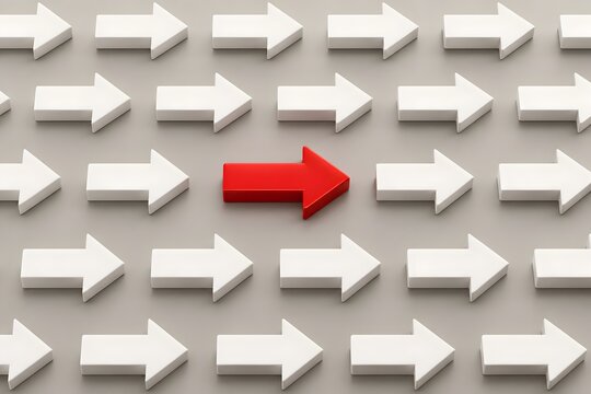 Single red 3d arrow standing out among white arrows representing corporate leadership unique business strategy and competitive advantage