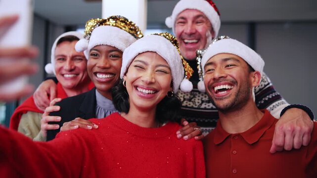 People, selfie and happy in office for Christmas, staff party and social media update for company. Employee, team and tech in agency for photography, xmas event or celebration at end of year for post