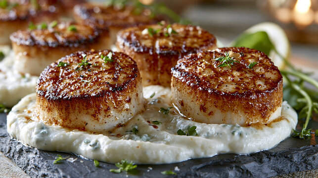 Scallops Served on a Plate With Sauce and Garnished With Herbs