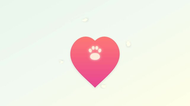 Vibrant pink heart featuring glowing animal paw print graphic in digital motion video footage background