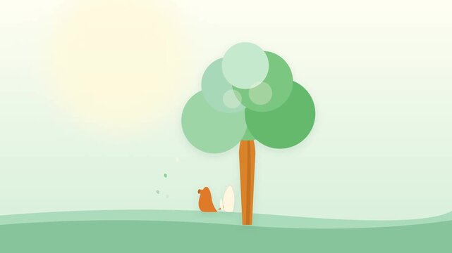 Animated minimalist tree with cute pets resting beneath bright sunny sky in motion clip