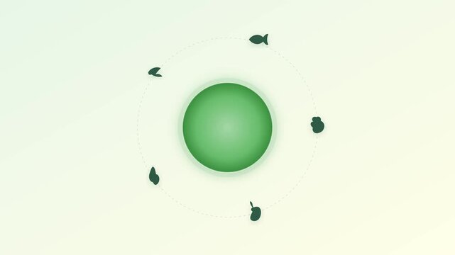 Green sphere glowing with orbiting shapes in minimal motion video footage clip