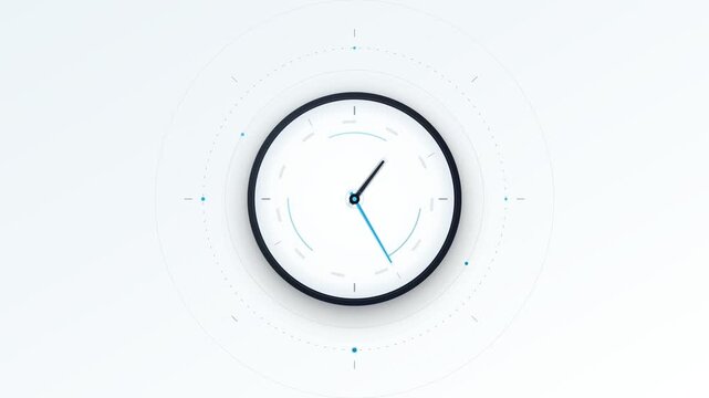 Minimalist modern clock face moving hands forward rapidly in digital motion graphic animation video clip