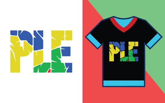 Cracked texture ple text displayed on a black t-shirt with blue and red trim details