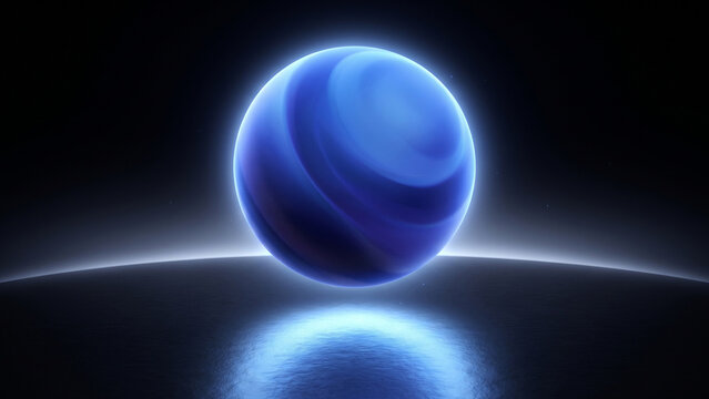 Futuristic glowing blue orb sphere floating over reflective surface