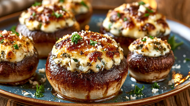 Stuffed Mushrooms Ready for Serving on a Blue Plate With Herbs and