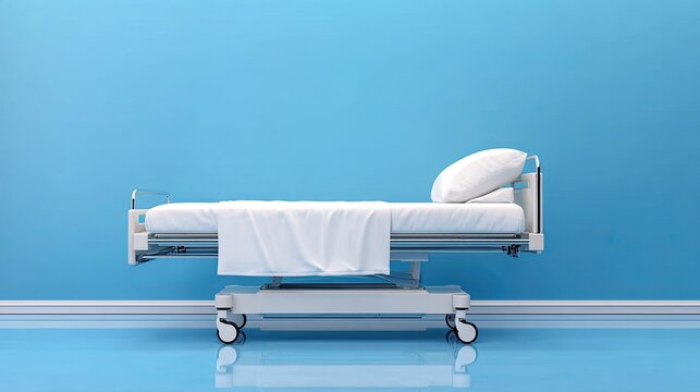 Empty hospital bed with wheels in clean ward, light blue wall background, medical healthcare copy space