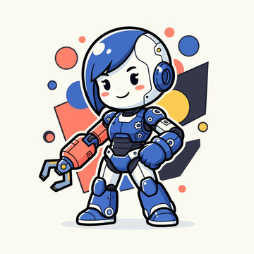 Friendly blue and white robot character waving.