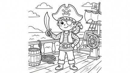 Fototapeta premium Cute little pirate boy and parrot on ship coloring page for kids, black and white outline vector
