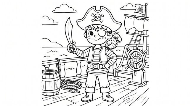 Cute little pirate boy and parrot on ship coloring page for kids, black and white outline vector