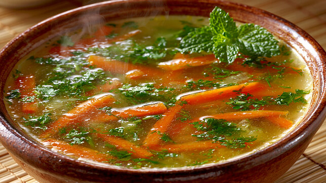 Warm Soup With Carrots and Herbs in a Clay Bowl on a Bamboo Mat