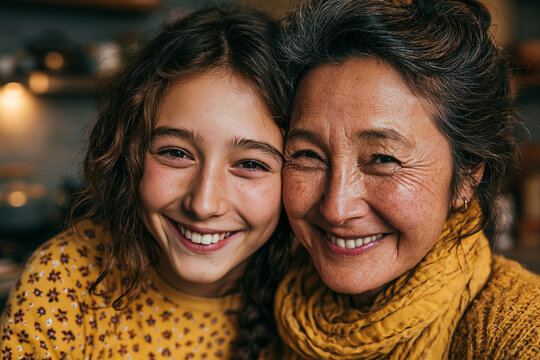 Portrait of smiling mother and teenage daughter posing together at home with smiling faces