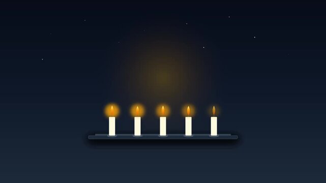 Animated glowing candles sequentially catching fire against dark night sky background in motion clip