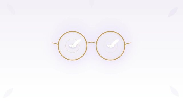 Minimalist golden round glasses animation video featuring glowing reflection effects on clean bright white background surface
