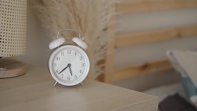 Person sets alarm clock on bedside table in modern bedroom