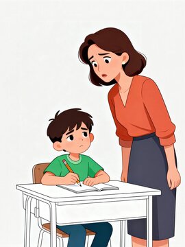 Woman assisting boy with homework