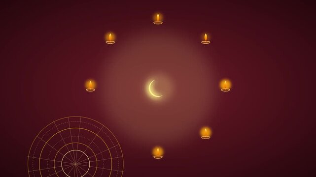 Glowing diyas arranged in circle surrounding crescent moon during traditional festival celebrations motion footage