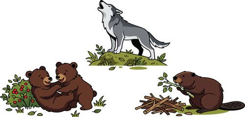 Cute Forest Animals Vector Set Featuring Howling Wolf, Playing Bear Cubs, and Beaver Building Dam for Wildlife and Nature Designs © MdNurjjamal