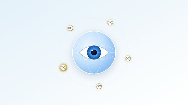 Futuristic blue digital eye graphic floating inside abstract globe motion footage loop against clean white background