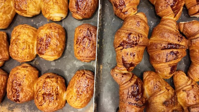 A tempting assortment of freshly baked pastries beautifully displayed in a bakery
