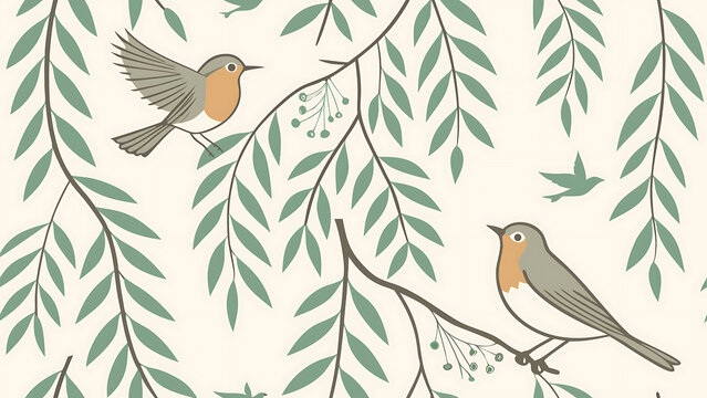 Vector illustration featuring robins on willow branches with green leaves isolated transparent background.