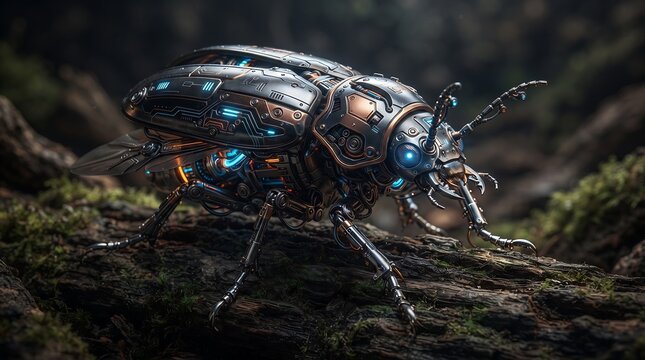 Futuristic Cybernetic Beetle with Glowing Blue Lights on Moss
