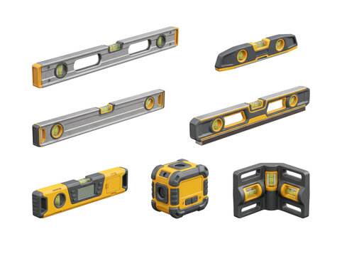 Collection of various yellow and grey spirit levels and laser leveling tools for construction and carpentry work isolated on a transparent background