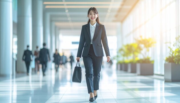 Young Japanese businesswoman walking confidently through an office lobby on her first morning