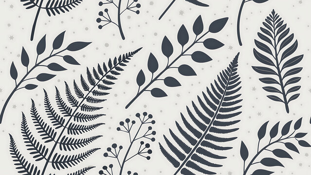 Forest fern leaves and botanical sprigs seamless pattern vector illustration on grey backdrop.