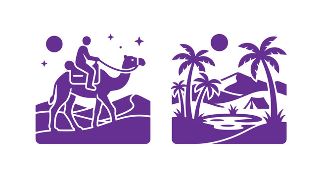 Purple monochrome vector illustration set of desert landscape scenes with camel rider and palm trees night sky graphic design travel adventure middle east hot climate sand dunes palm tree oasis