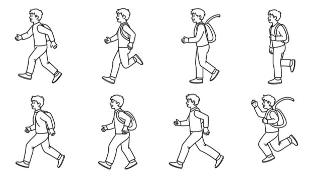 Young boy walking and running with backpack in sequence for animation.