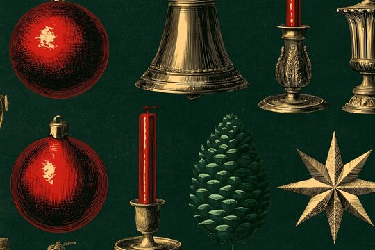 Large Scale Antique Christmas Pattern with Red Ornaments Gold Bell and Candlesticks