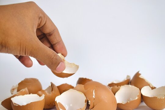 Studio shot of a human hand picking up a broken brown eggshell from a pile of scattered eggshells on a white background.