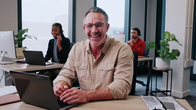 Man, realtor and laptop in office with face, about us or happy for property listing on website. Mature estate agent, tech or coworking in firm with auction opportunity with smile for extra commission