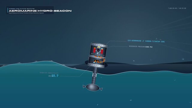 Educational animation of an aeromarine hydro-beacon deployment on the ocean surface, featuring a Kevlar multi-segment collar, salinity conductivity intake, and a Cospas-Sarsat beacon