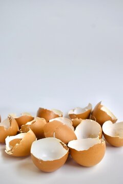 A collection of cracked brown eggshells isolated on a plain white background.