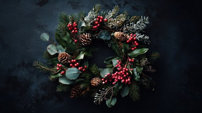 Top view of elegant circular wreath with pine branches, holly, eucalyptus, red berries, and pine cones against dark background for festive decor