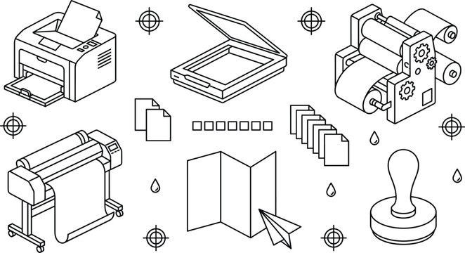 Isometric printing press and copy machine line vector set with plotter printer scanner stamp brochure and printshop elements