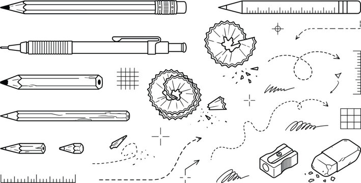 Pencil and drawing tool vector line set with mechanical pencils sharpener shavings eraser and technical sketching elements