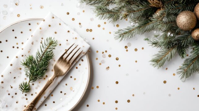 Top view of festive Christmas table setting on white background with decorated pine branch and confetti