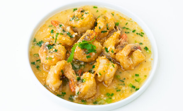 Bowl of shrimp prawn curry, Thai yellow curry with seafood, Thai traditional red curry soup with shrimp, prawns and coconut milk, Thai traditional food, Tom Yum Goong, Traditional thai soup