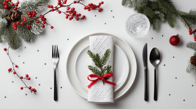 Top view of festive Christmas table setting on white background with decorated pine branch and confetti