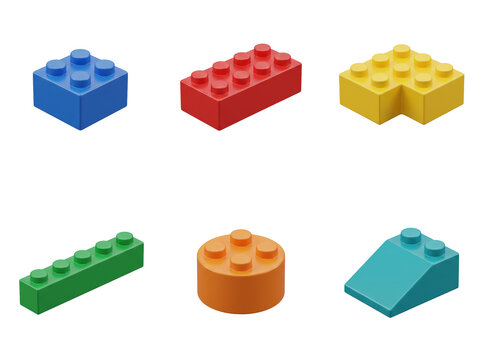 Collection of colorful plastic building blocks in various shapes and sizes arranged on a flat surface isolated on a transparent background
