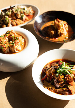 Assorted Asian-inspired dishes with sauced dumplings and savory stir-fried meats, vegetables, and herbs served in ceramic bowls on a sunlit table, styled for restaurant dining and food menu promotion.