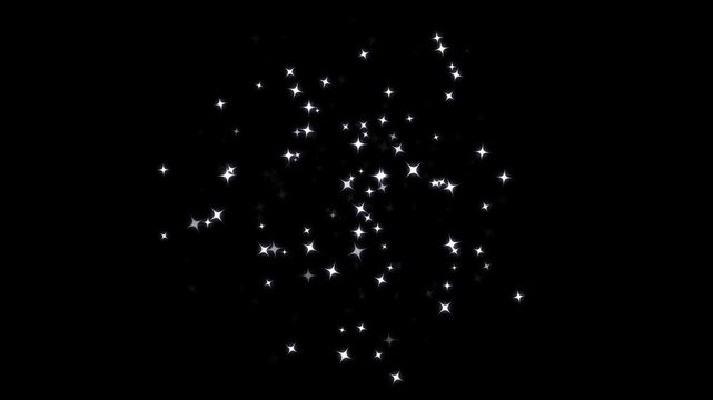 White glowing stars sparkle, twinkle magic dust animation, luxury golden glitter sparkles trail, blinking retro vector stars and dots, twinkling starry night sky on black screen background 4k